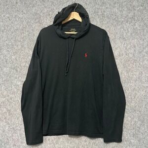 Polo Ralph Lauren Mens Large Black Long Sleeve Hooded T-Shirt Red Pony Logo L